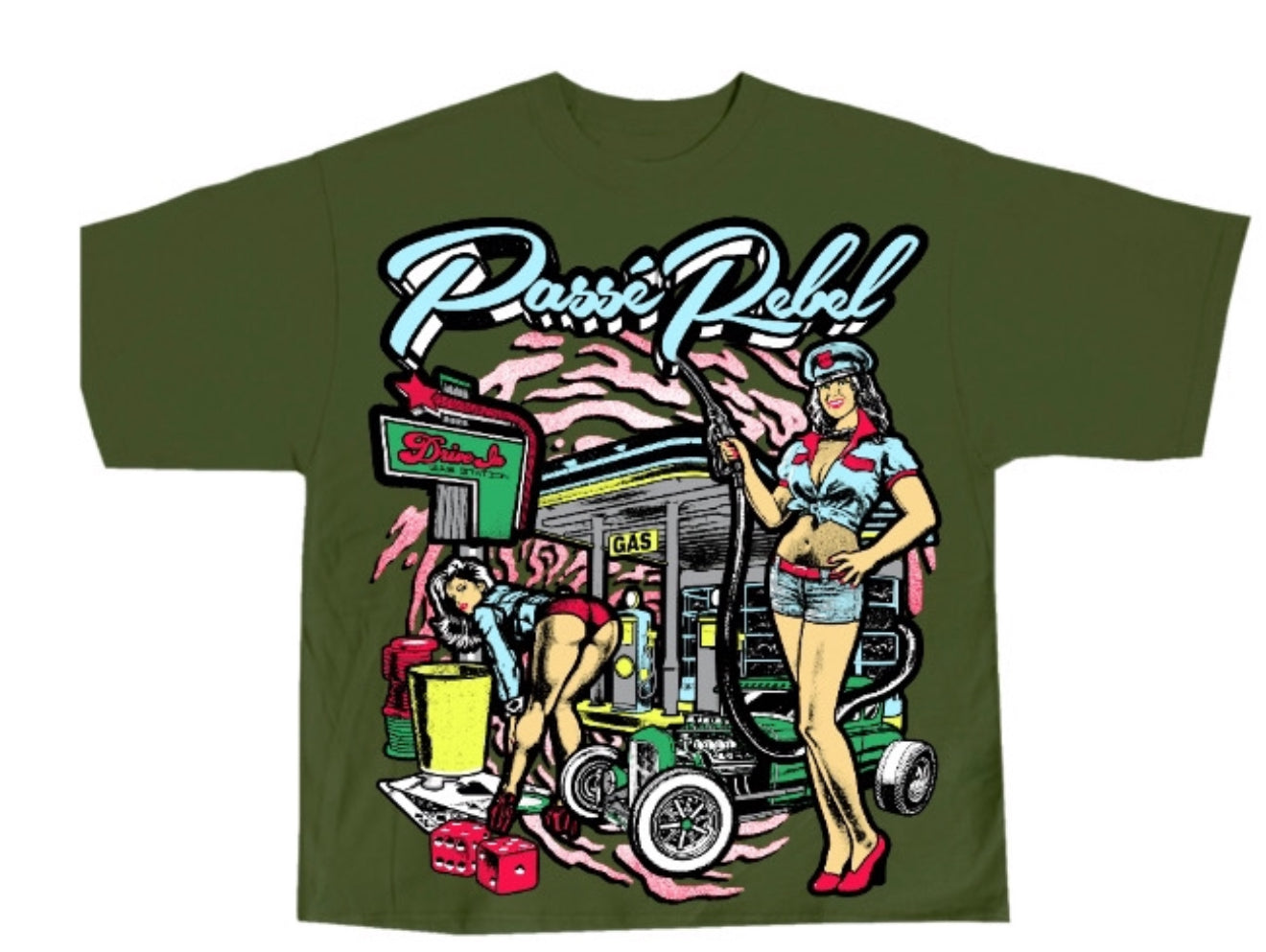 OLIVE GREEN GAS STATION TEE
