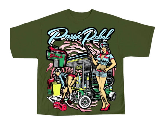 OLIVE GREEN GAS STATION TEE